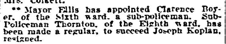 Newspaper clipping: Sub-Policeman Thornton made regular, Philadelphia Inquirer, December 12, 1909