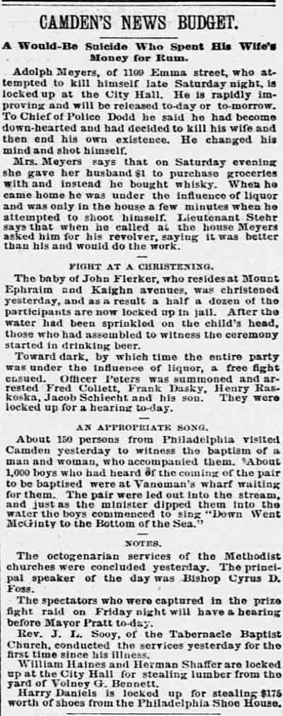 Adolph Meyers attempted suicide, 1109 Emma Street
