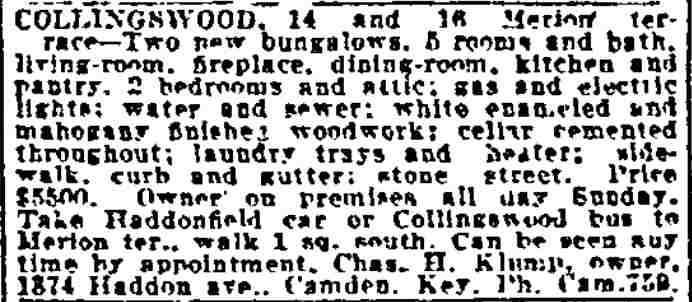 Philadelphia Inquirer, June 8, 1909 — Collingswood real estate advertisement by Charles H. Klump
