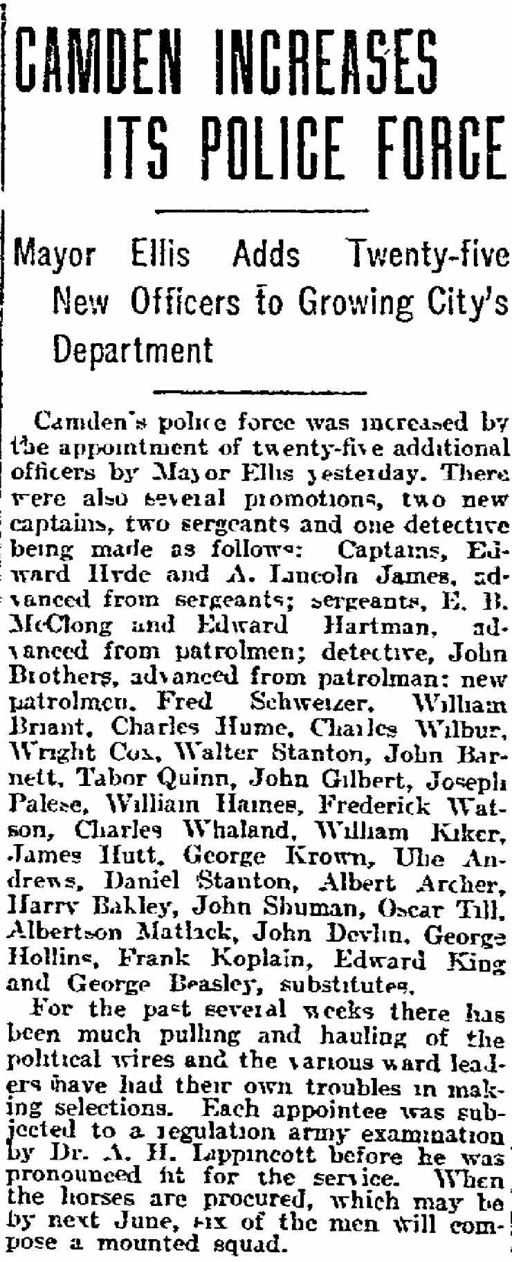 Philadelphia Inquirer, January 1, 1908 — Camden Increases Its Police Force