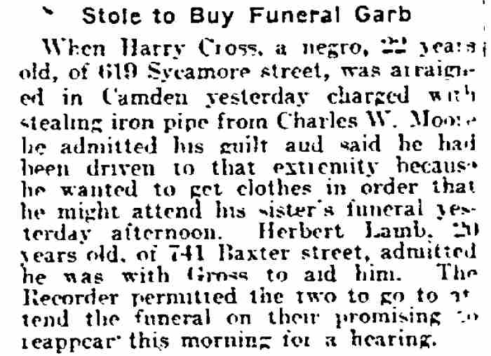 Newspaper clipping: Stole to Buy Funeral Garb, 1917