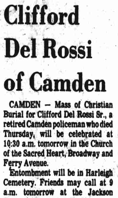 Camden Courier-Post circa 1970 - Clifford Del Rossi obituary page 1