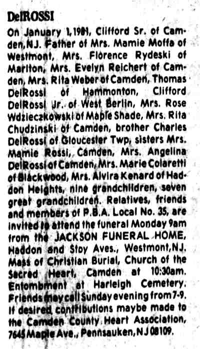 Camden Courier-Post January 11, 1981 - Clifford Del Rossi death notice