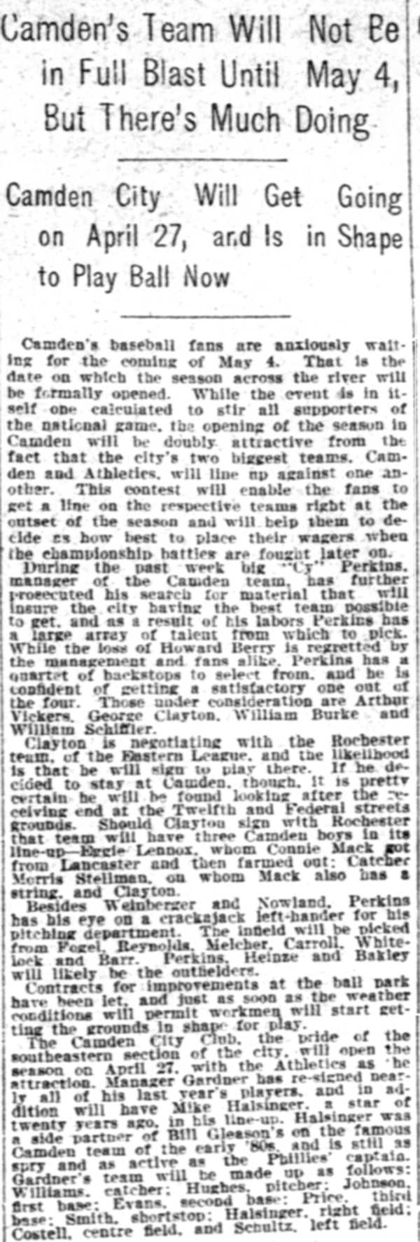 Philadelphia Inquirer, March 17, 1907 — Camden baseball season preview