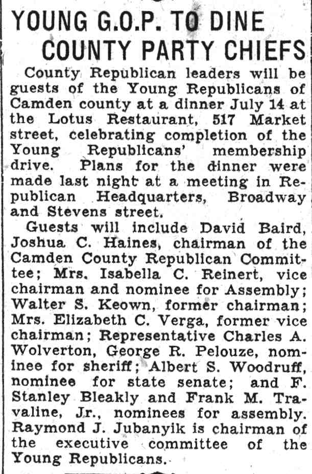 Lotus Restaurant dinner, June 17, 1932 - David Baird Jr., F. Stanley Bleakly, Charles A. Wolverton and others