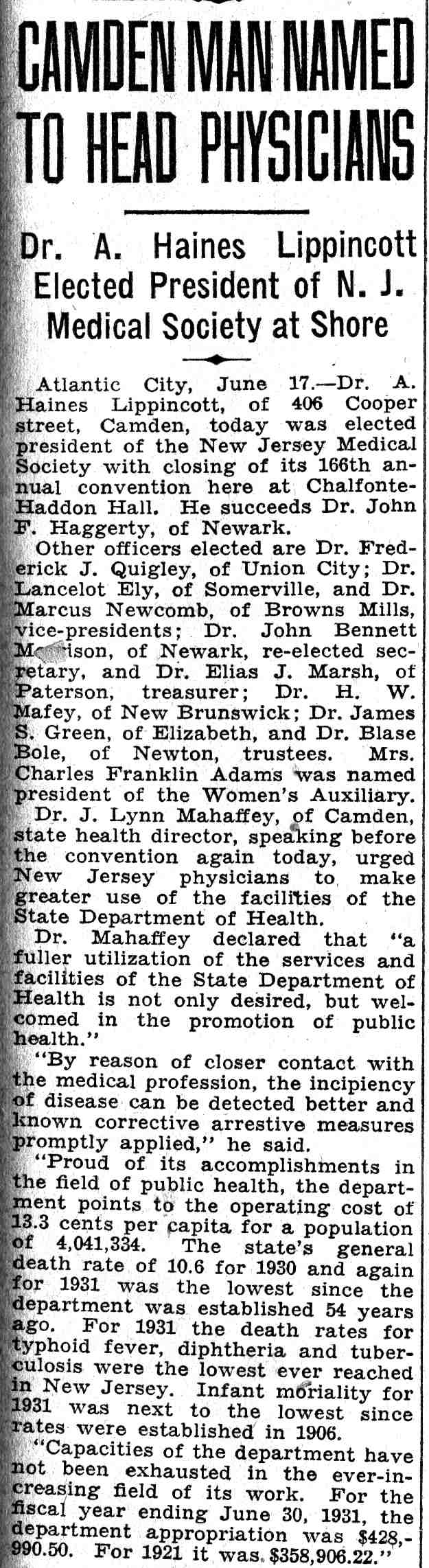 Camden Courier-Post, June 18, 1932 — article featuring Dr. Mahaffey and Dr. Lippincott