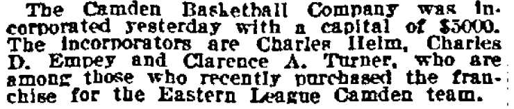 Philadelphia Inquirer, January 26, 1915 — Camden Basketball Company