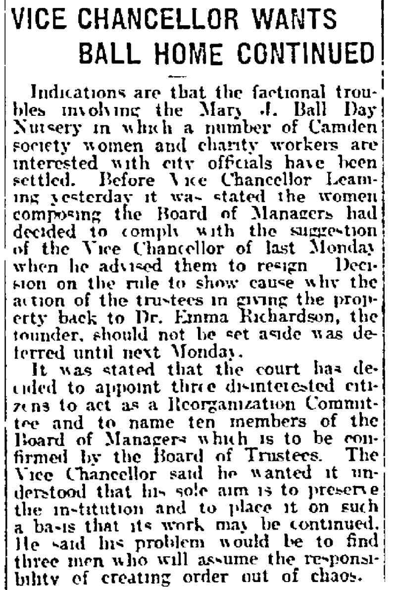 Philadelphia Inquirer, March 25, 1915 — Vice Chancellor Wants Ball Home Continued