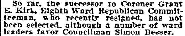Philadelphia Inquirer, August 9, 1906 — Successor to Coroner Grant E. Kirk as 8th Ward Republican Committeeman