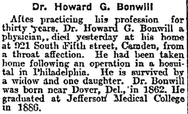 Philadelphia Inquirer, January 4, 1916 — obituary for Dr. Howard G. Bonwill