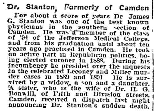 Philadelphia Inquirer, September 5, 1909 — Dr. Stanton, Formerly of Camden
