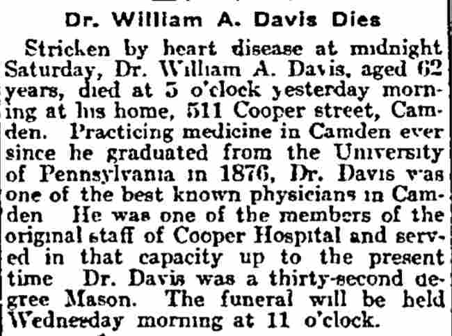 Philadelphia Inquirer, August 18, 1913 — Dr. William A. Davis obituary