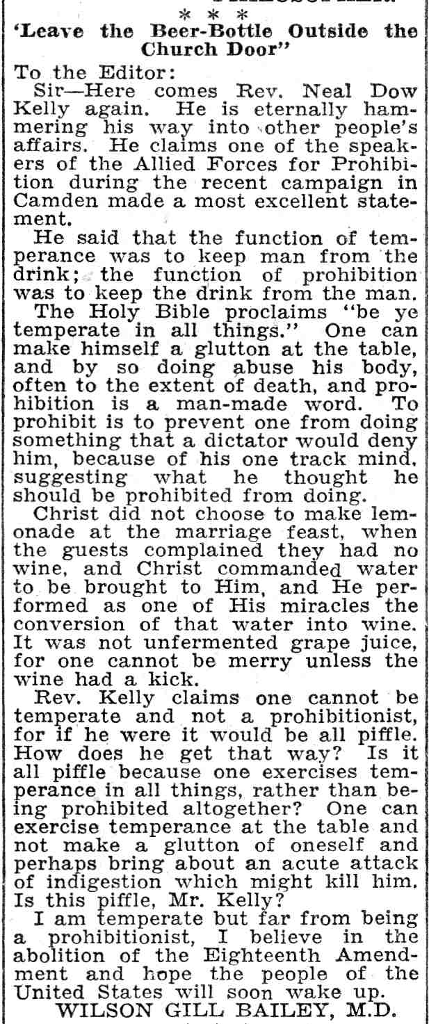 Camden Courier-Post June 9, 1932 — Leave the Beer-Bottle Outside the Church Door, letter to editor by Dr. Wilson Gill Bailey