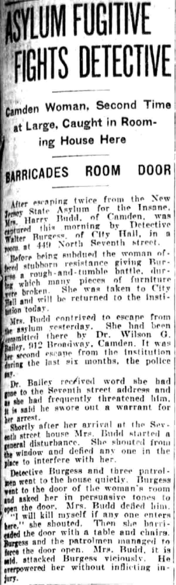 Philadelphia Public Ledger December 18, 1921 — Asylum Fugitive Fights Detective