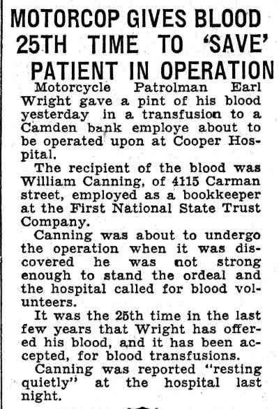 Motorcop Gives Blood 25th Time — Earl Wright and William Canning