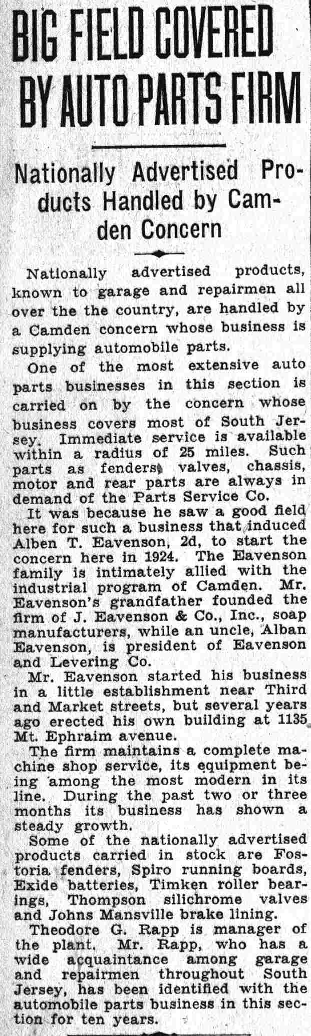 Camden Courier-Post article on Parts Service Company, June 15, 1932