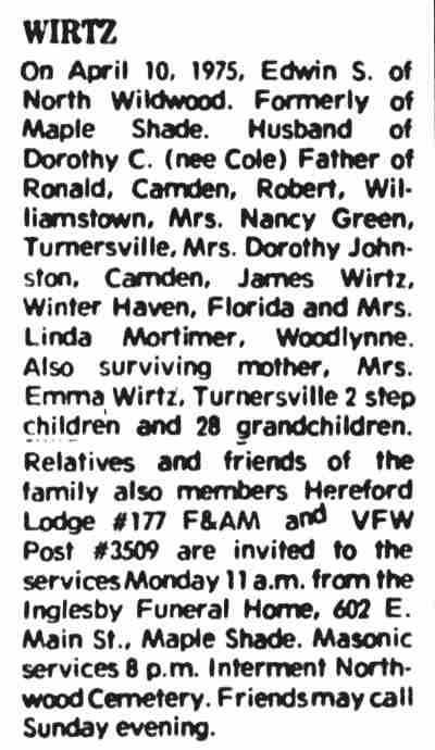 Edwin S. Wirtz, Camden Courier-Post, April 12, 1975