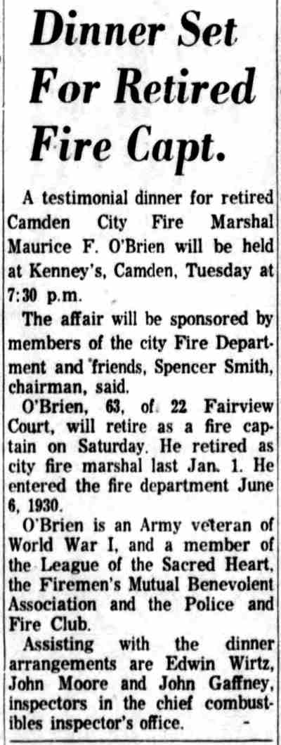 Dinner Set For Retired Fire Capt. — Camden Courier-Post, November 28, 1963