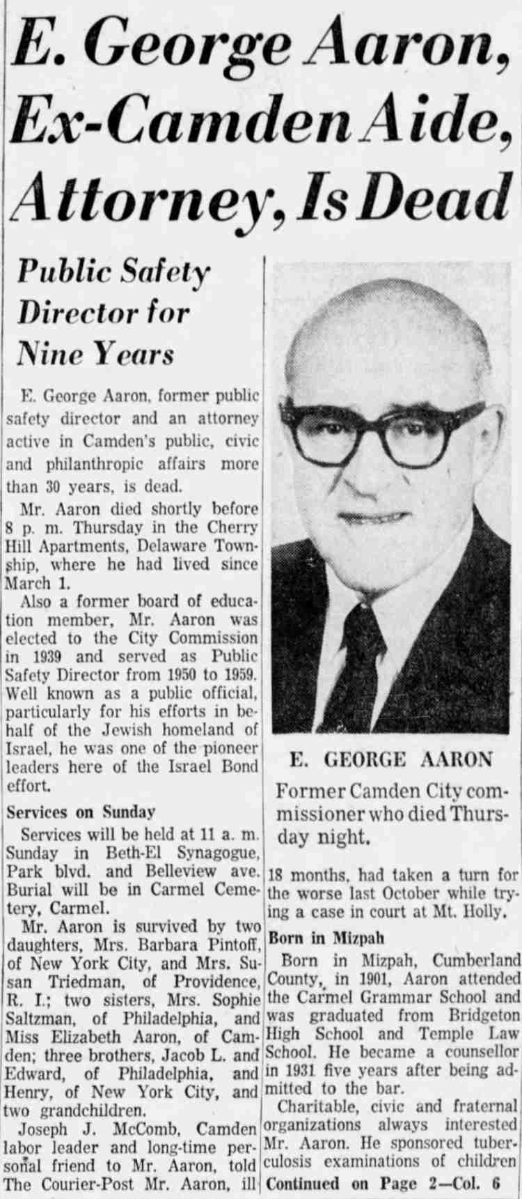 E. George Aaron obituary, Camden Courier-Post, May 13, 1960