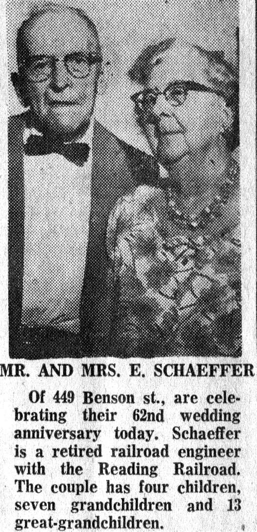 Mr. and Mrs. E. Schaeffer, 62nd wedding anniversary, 1964