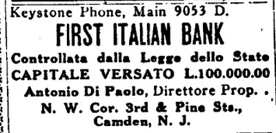 First Italian Bank advertisement from La Libera Parola, December 21, 1921