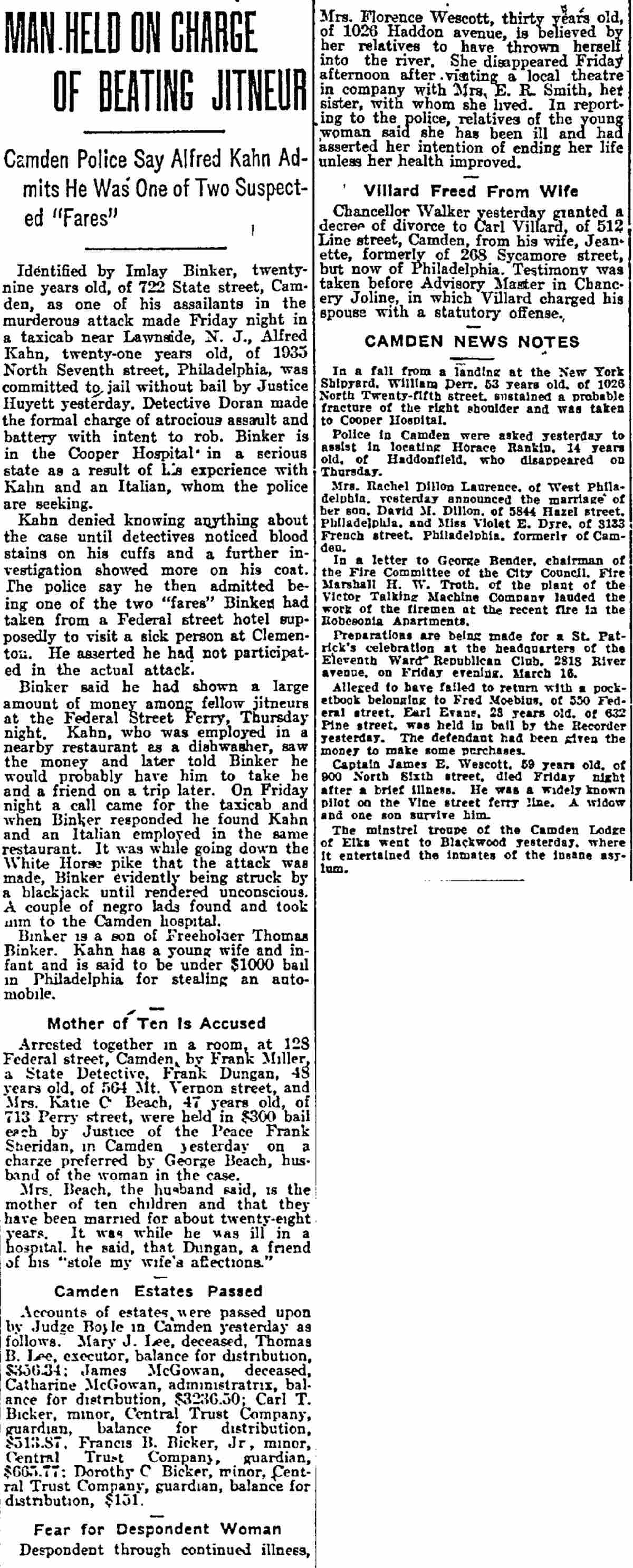 Philadelphia Inquirer clipping, March 17 1917, Mother of Ten Is Accused, 713 Perry Street