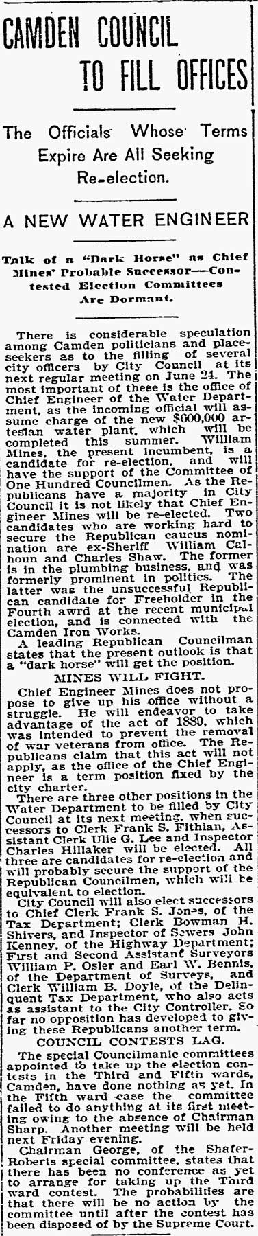 Philadelphia Inquirer, June 8, 1897 — Camden Council to Fill Offices
