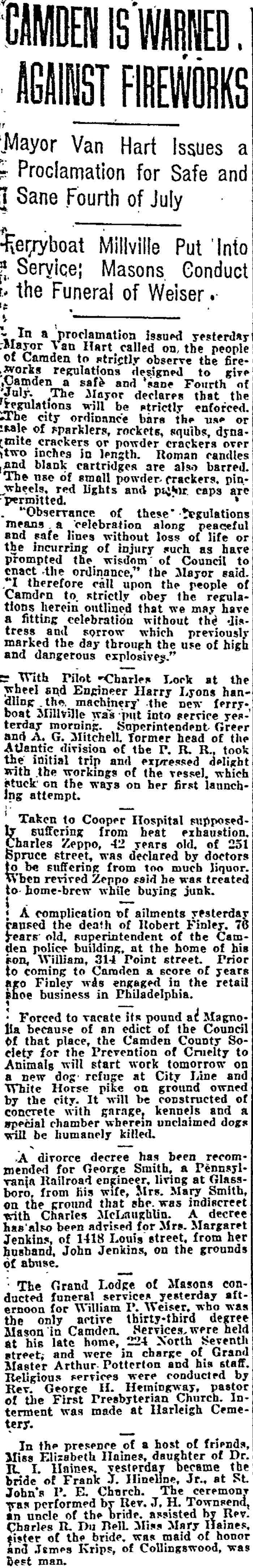 Camden Is Warned Against Fireworks - Camden Daily Courier, June 11, 1922