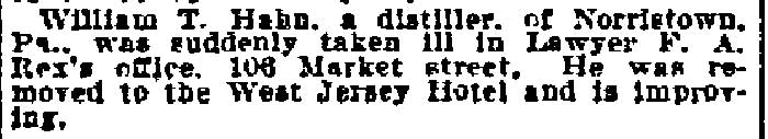 Distiller Taken Ill in Rex’s Office - Philadelphia Inquirer, July 6, 1898