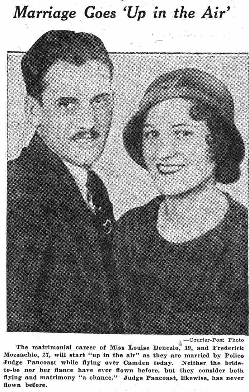 Marriage Goes Up in the Air — Frederick Mozzachio and Louise DeNezio, Camden Courier-Post, June 15, 1932