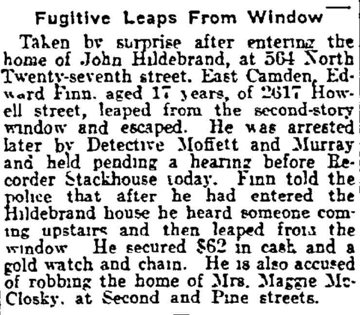 Fugitive Leaps From Window — Philadelphia Inquirer, July 1, 1915