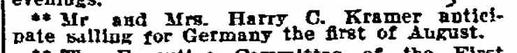 Social notes mentioning Mr. and Mrs. Harry C. Kramer, Philadelphia Inquirer, November 15, 1910