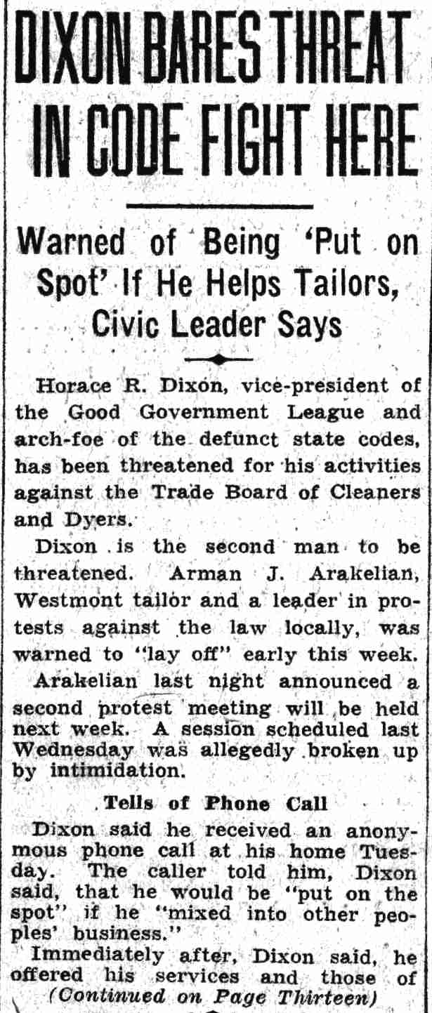 Dixon Bares Threat in Code Fight Here, Camden Courier-Post, August 30, 1935
