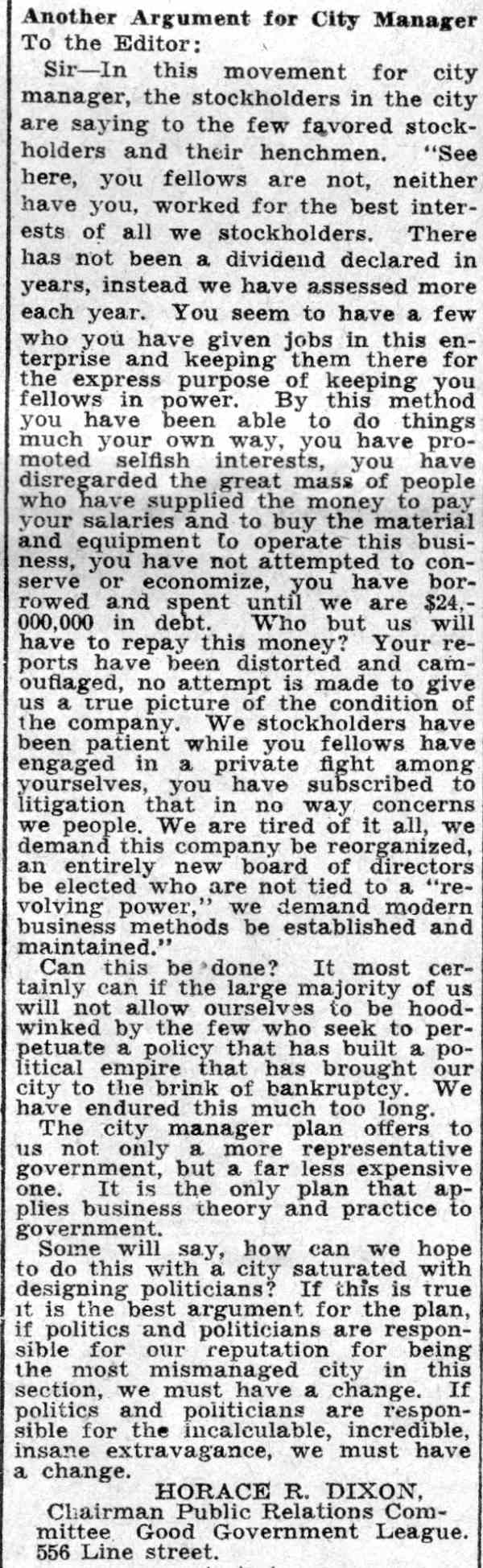 Another Argument for City Manager letter by Horace R. Dixon, Camden Courier-Post, August 31, 1935