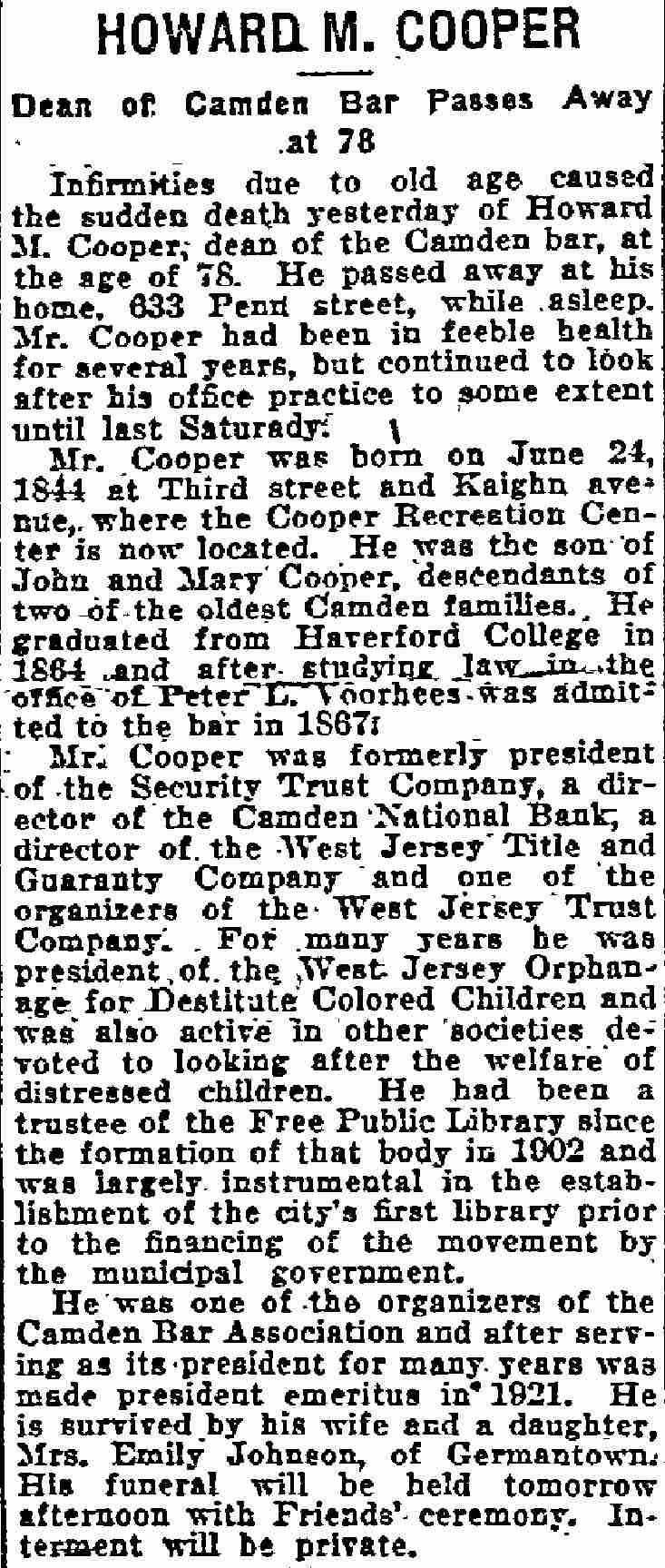 Philadelphia Inquirer, June 30, 1922 — Howard M. Cooper obituary