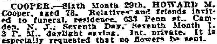 Philadelphia Inquirer, June 30, 1922 — Cooper funeral notice