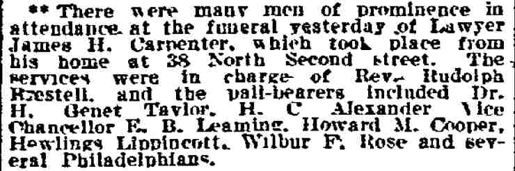 Philadelphia Inquirer, July 23, 1909 — Carpenter funeral