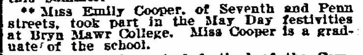 Philadelphia Inquirer, November 15, 1910 — Emily Cooper at Bryn Mawr