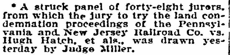 Philadelphia Inquirer, December 22, 1895 — land condemnation proceedings, Pennsylvania and New Jersey Railroad Co. vs. Hugh Hatch
