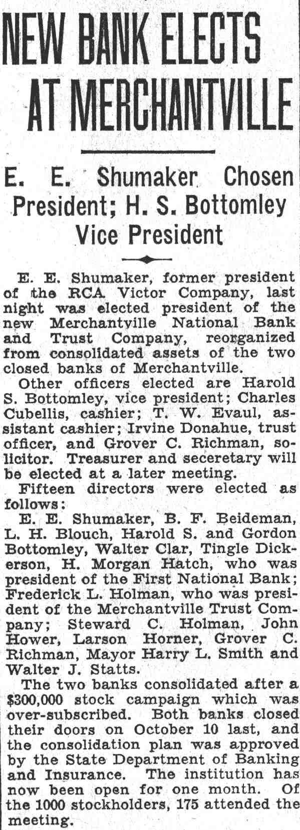 Camden Courier-Post article, June 16, 1932 — New Bank Elects at Merchantville