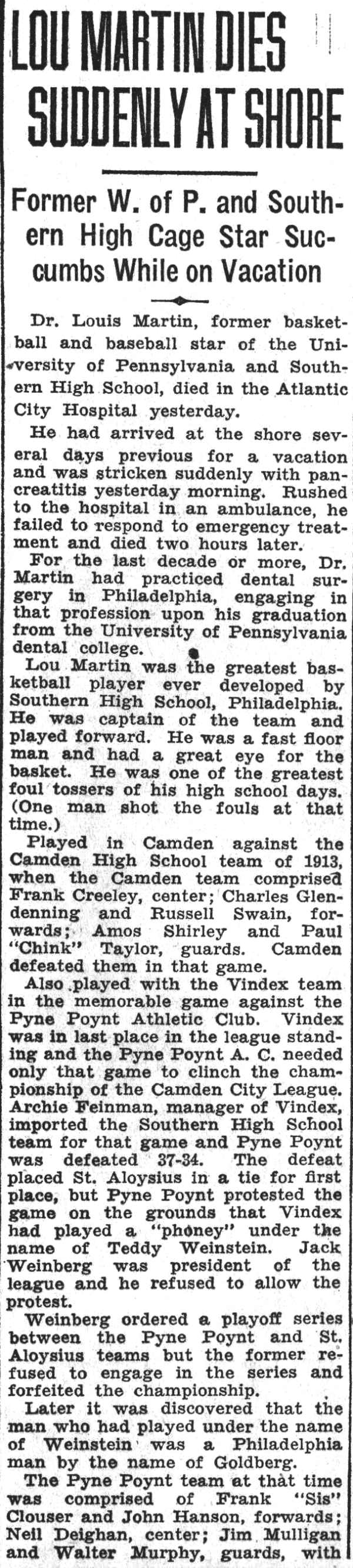 Camden Courier-Post, August 28, 1935 — Lou Martin Dies Suddenly at Shore