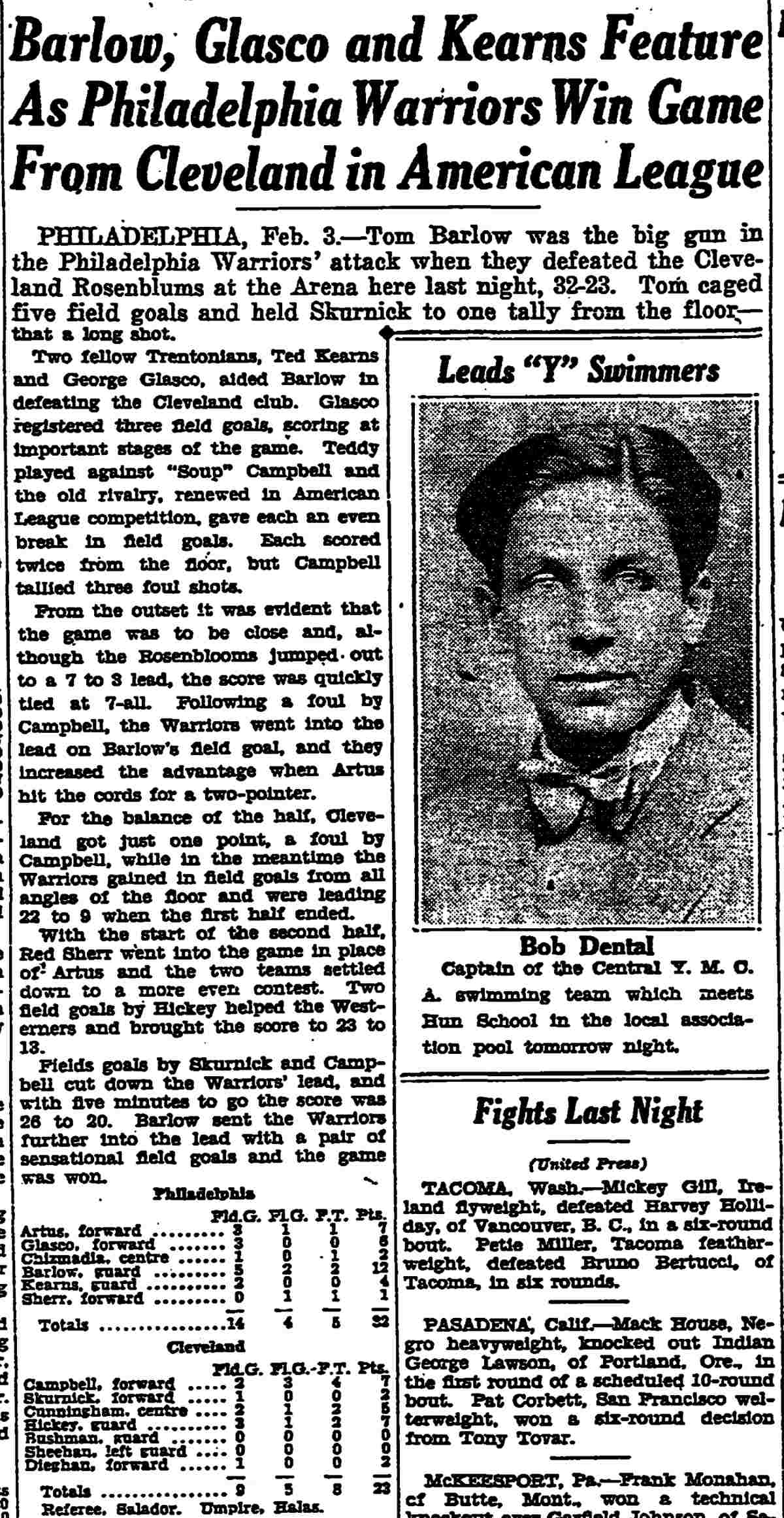 Barlow, Glasco and Kearns Feature as Philadelphia Warriors Win Game From Cleveland — Trenton Times, February 3, 1928