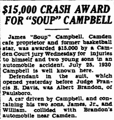 $15,000 Crash Award for 'Soup' Campbell — Trenton Evening Times, March 20, 1932