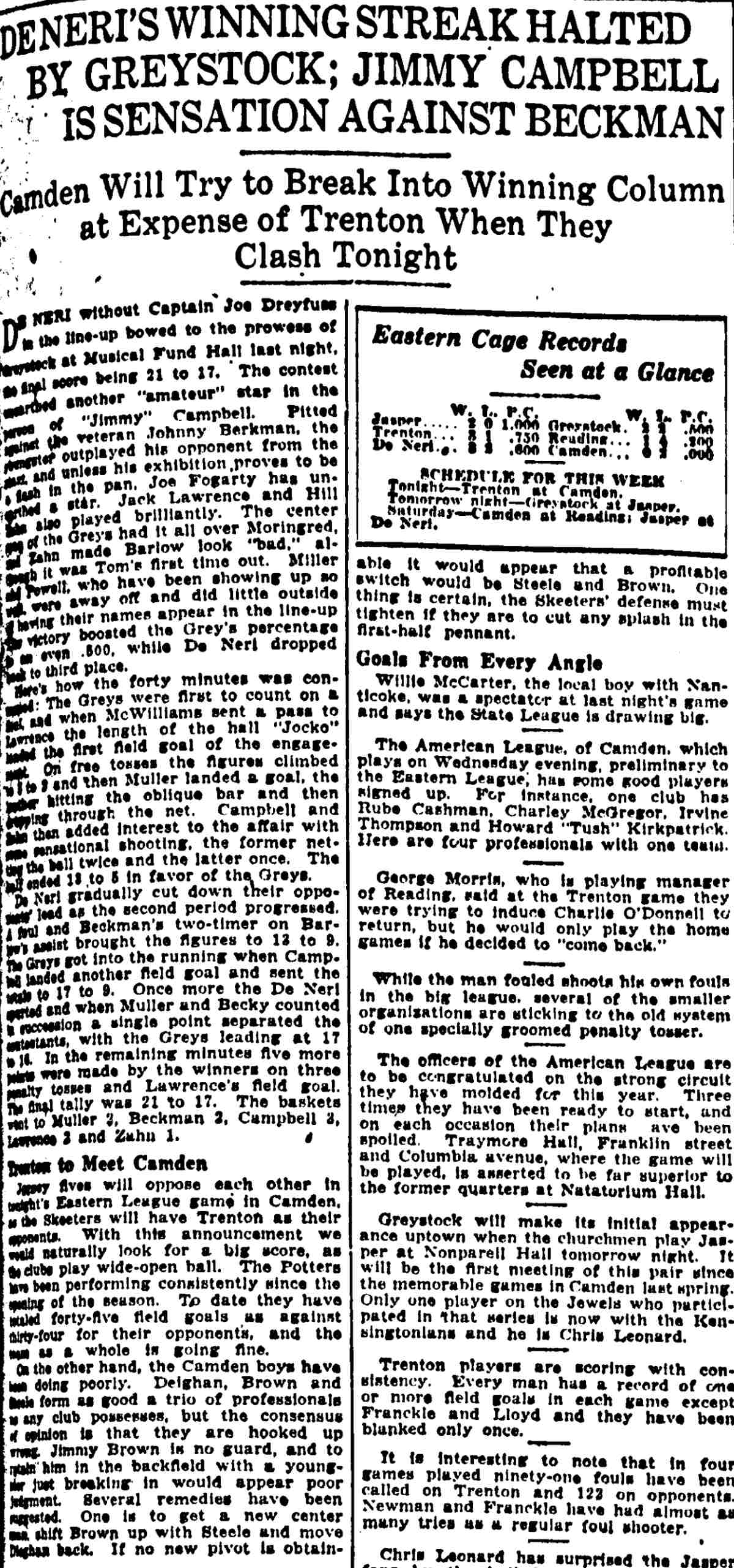 Deneri's Winning Streak Halted by Greystock — Philadelphia Evening Public Ledger, November 21, 1917