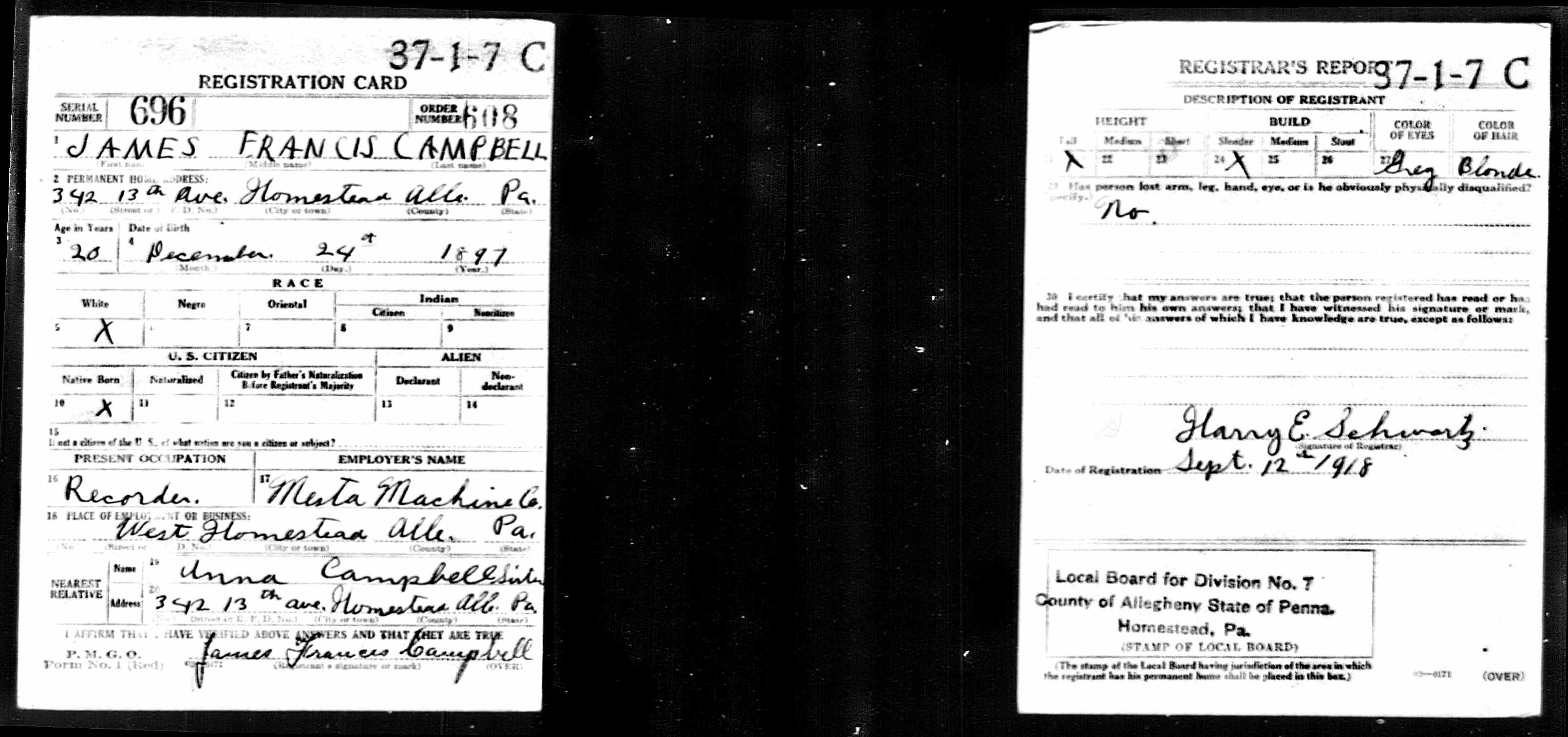 World War I Draft Registration Card — James Francis Campbell