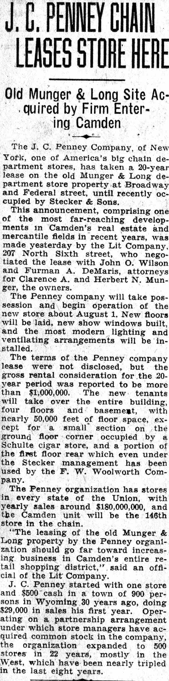 Camden Courier-Post article about J.C. Penney leasing Munger & Long store site, June 15, 1932