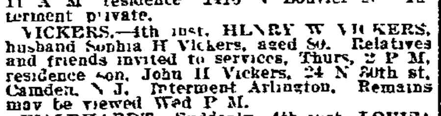 Philadelphia Inquirer, November 5, 1912 — death notice for Henry W. Vickers