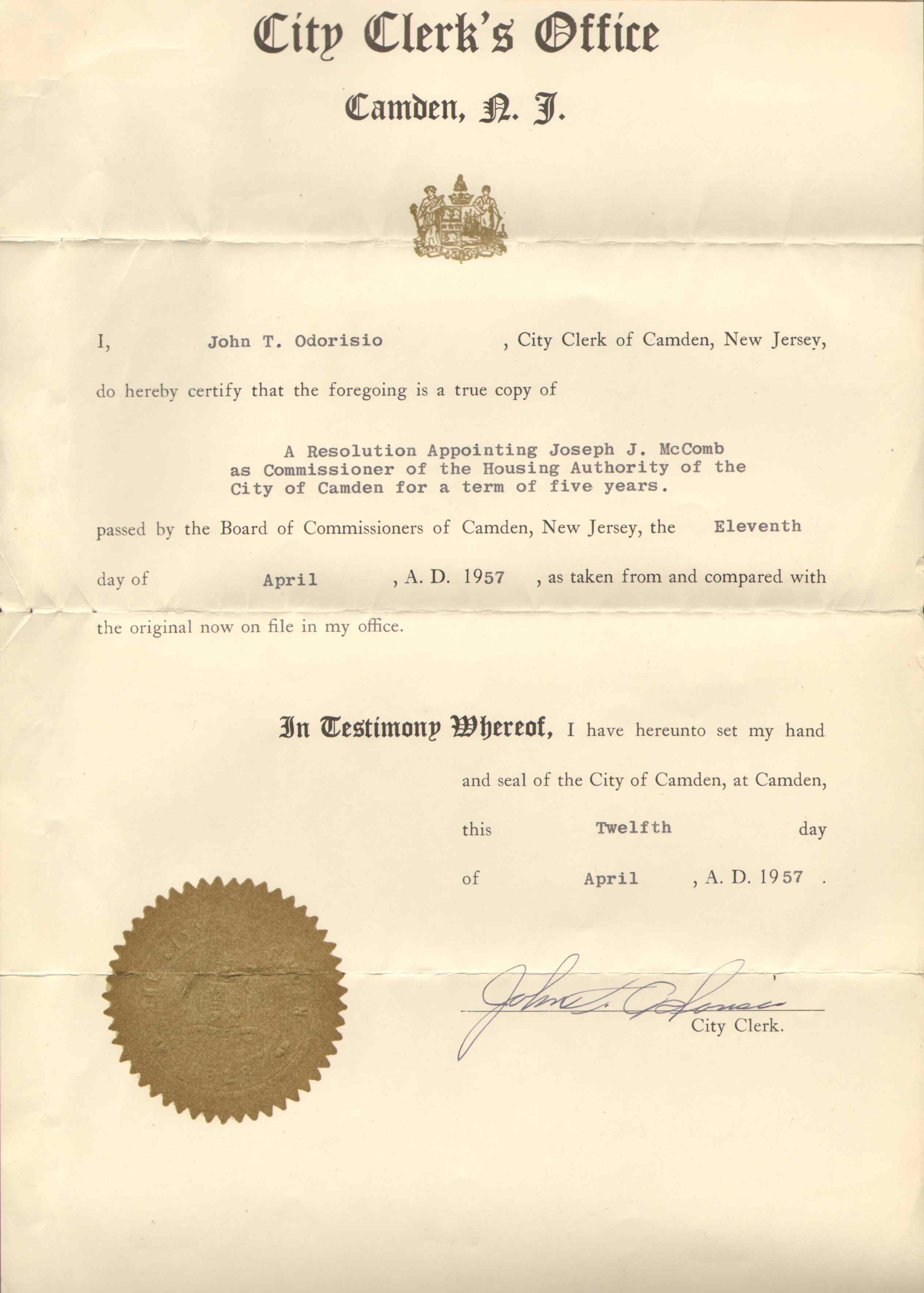 City Clerk's Office certification signed by John T. Odorisio, April 1957