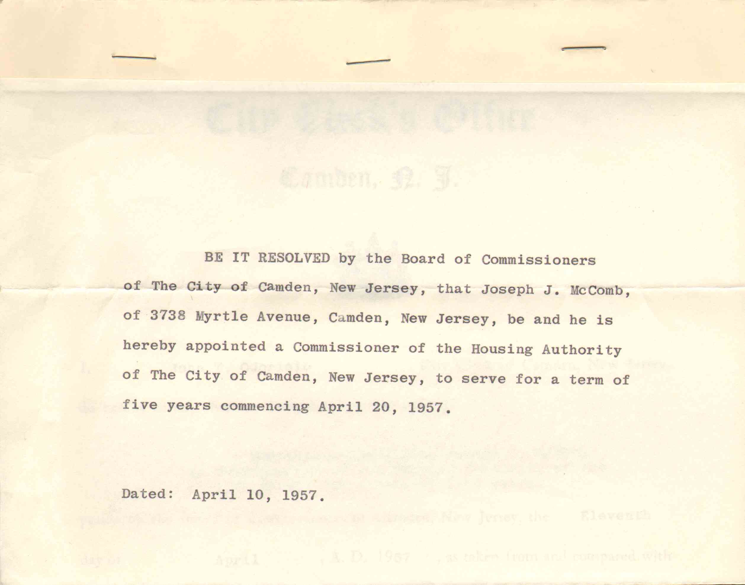 Resolution cover — Housing Authority appointment of Joseph J. McComb