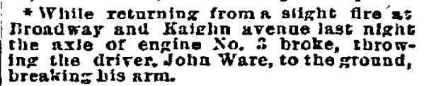 Philadelphia Inquirer, March 13, 1894 — Engine No. 3 axle breaks, throwing driver John Ware